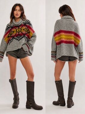 Free People Women’s XS Oversized Chunky Knit Large Collar Gray Aztec Sweater